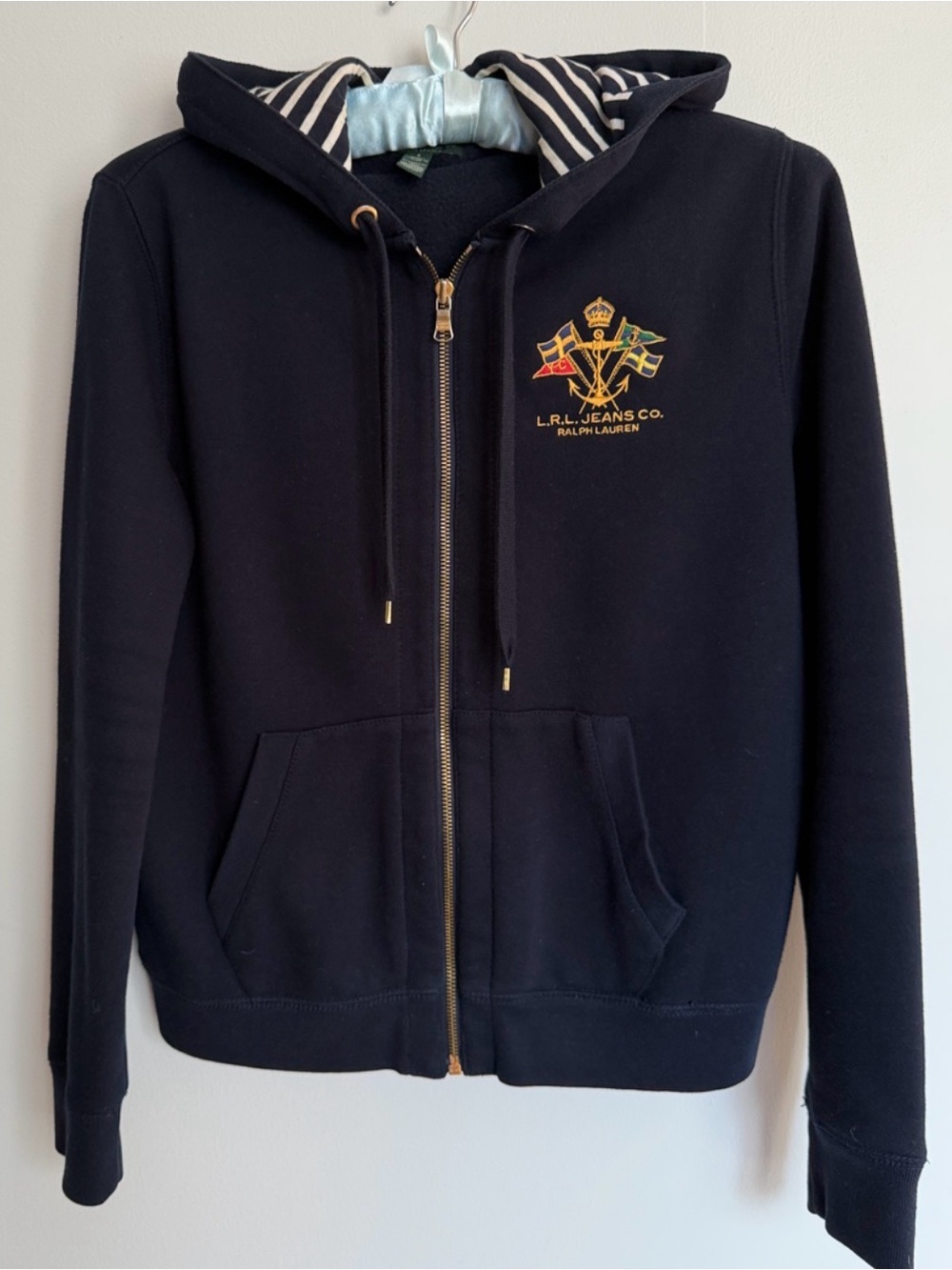Ralph Lauren Navy Zip-Up Hoodie with Gold Crest Embroidery run bigger size